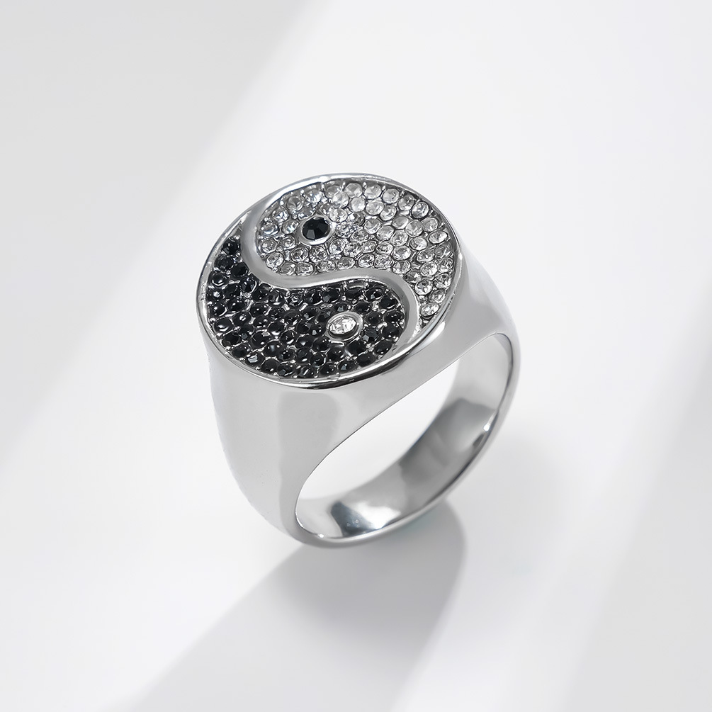 Kemstone Yin Yang Signet Ring for Men Stainless Steel Black White Stone K-R606