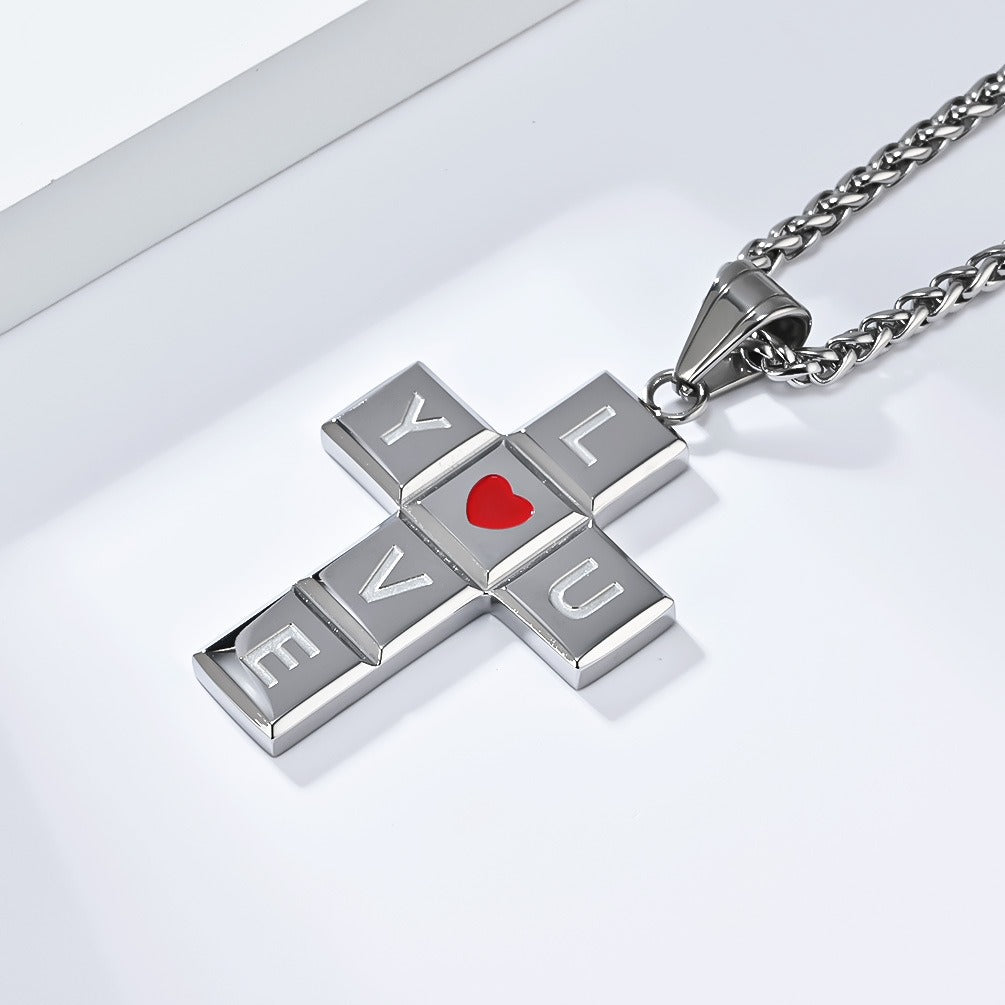Kemstone Love Heart Cross Pendant Necklace for Men Stainless Steel K-PT554