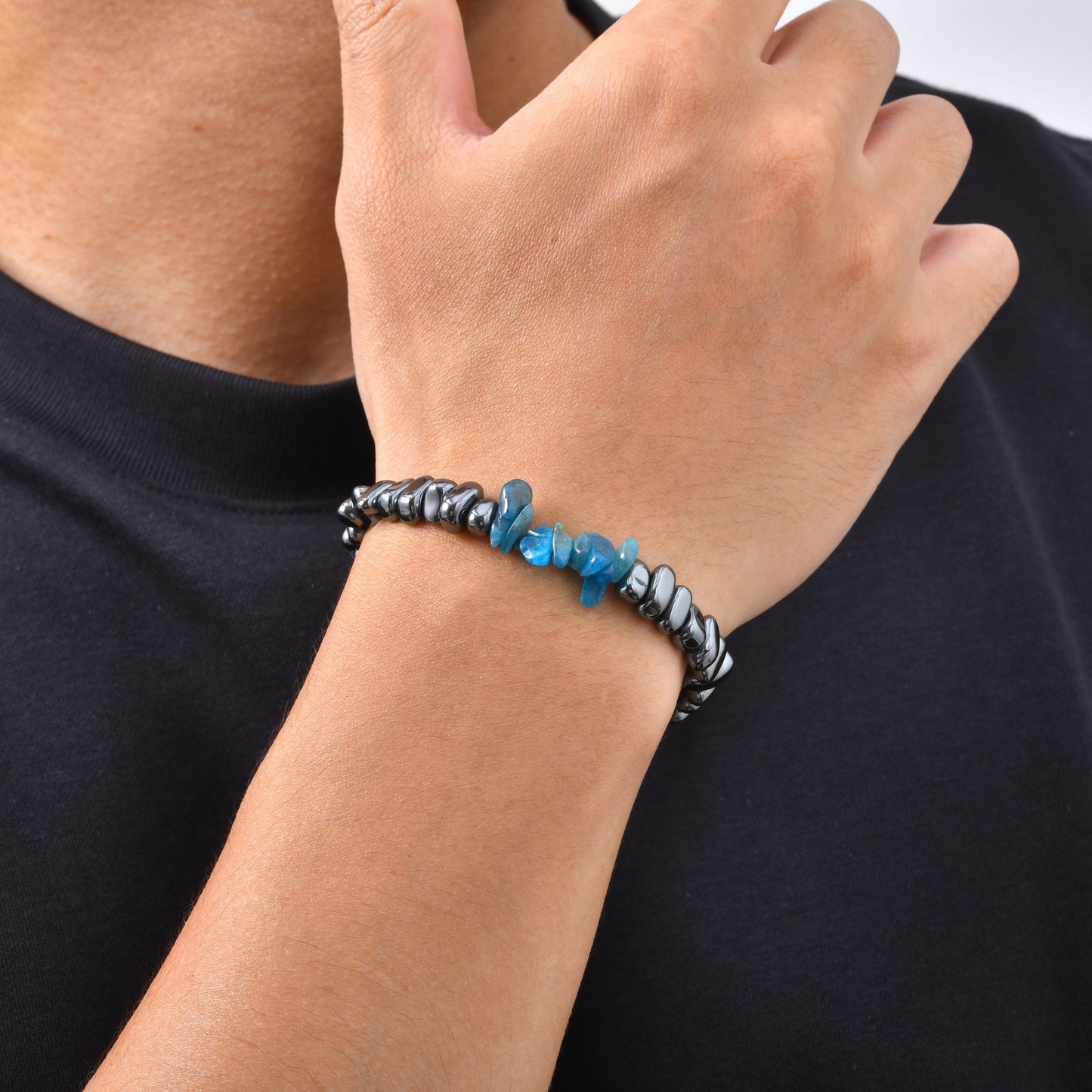 Kemston Stainless Steel Blue Apatite Stone Bead Bracelet for Men BR-3029