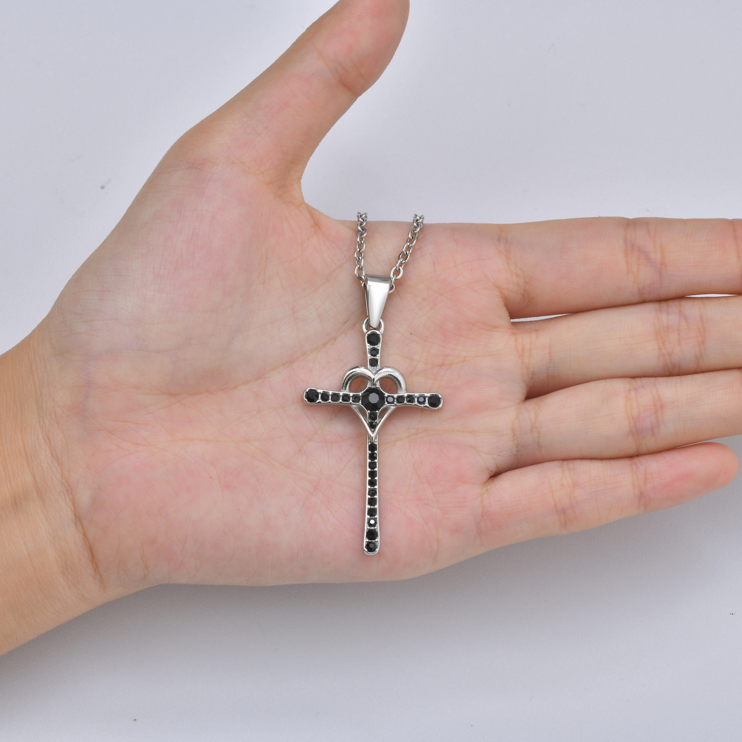 Kemstone Cross Pendant Necklace for Men Stainless Steel Black Cubic Zirconia Heart Curve Chain PN-2268S