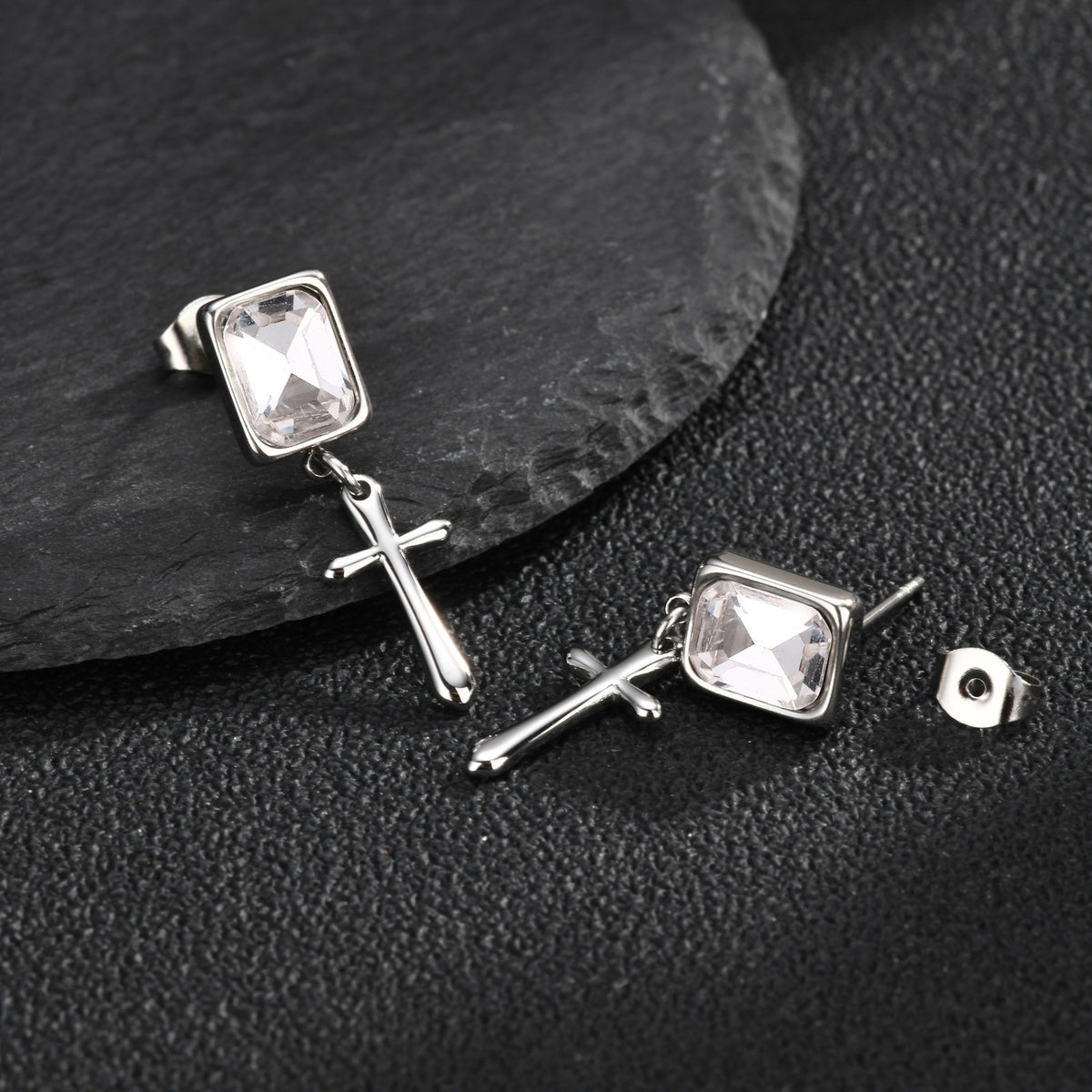 Kemstone Blue Crystal Cross Earring for Men Stainless Steel ED-1148