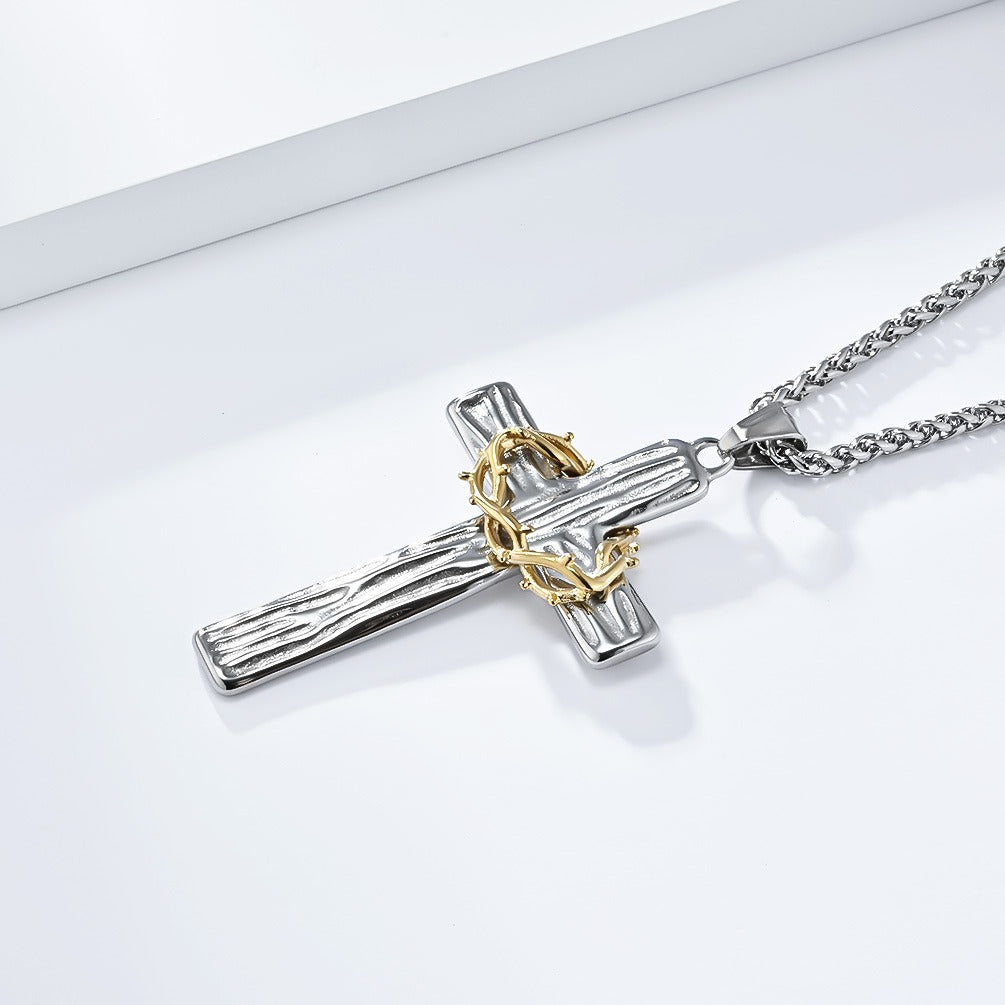Kemstone Men’s Titanium Steel Cross Necklace – Vintage Wreath Pendant K-PT530