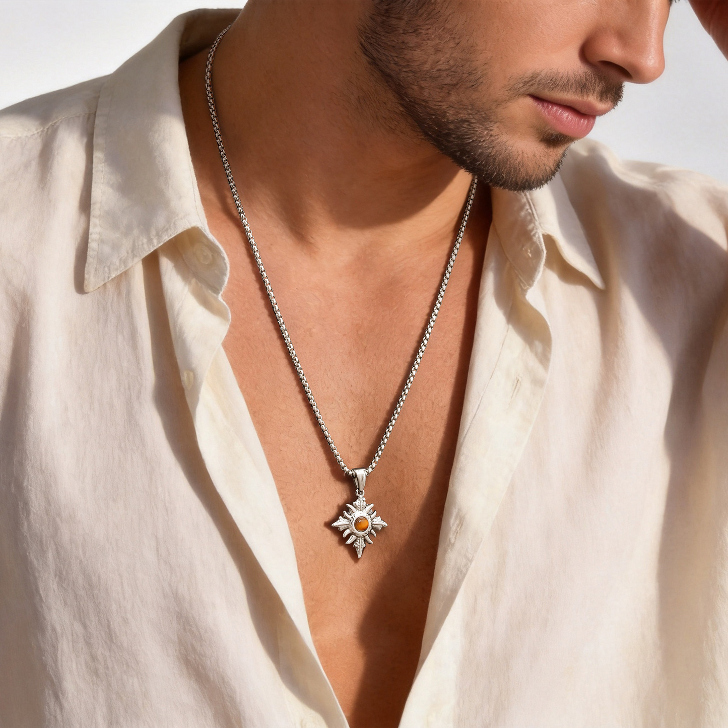 Kemstone Stainless Steel Tiger Eye Geometric Pendant Necklace for Men Silver PN-2346