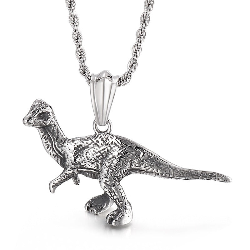 Collar con colgante de acero de titanio y calavera de dinosaurio vintage Kemstone: joyería masculina con temática animal audaz para el día a día KP55864-BD