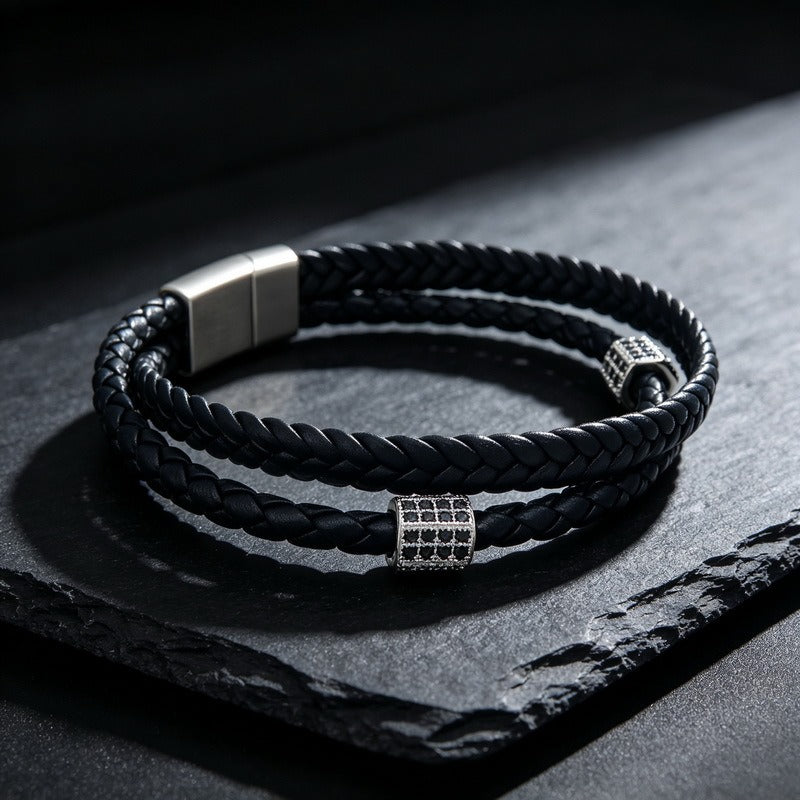Kemstone Double Layer Braided Leather Bracelet for Men Copper Accent KB214771-SJ