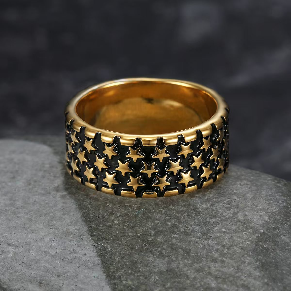Kemstone Stainless Steel Star Ring for Men – Punk Style 10mm Wide Ring Gold/Silver TR0457