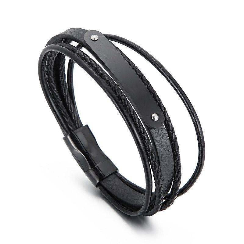 Kemstone Men’s Leather Bracelet – Titanium Steel Multi-Layer Braided Wristband B140193