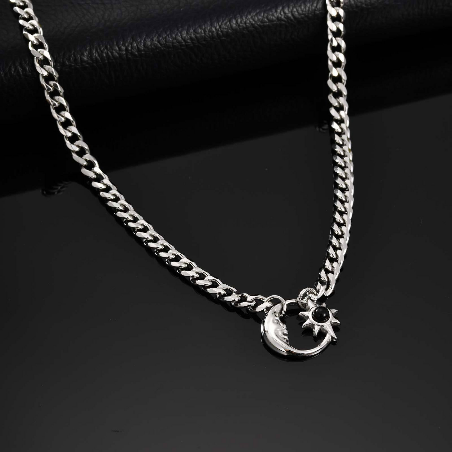 Kemstone Stainless Steel Sun Moon Pendant Necklace for Men – Opal Star Chain NC-2407