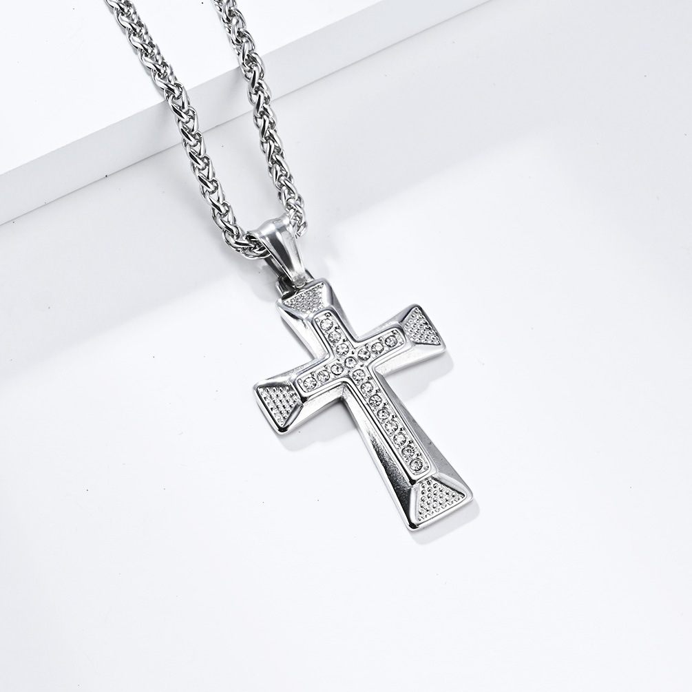 Kemstone Geometric Cross Pendant Necklace for Men Stainless Steel Stone Detail K-PT506