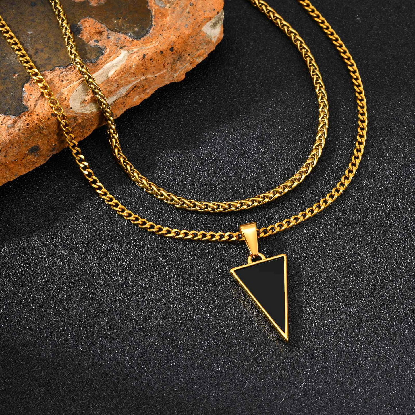 Kemstone Men’s Black Onyx Triangle Necklace – Stainless Steel Modern Pendant PN-2201