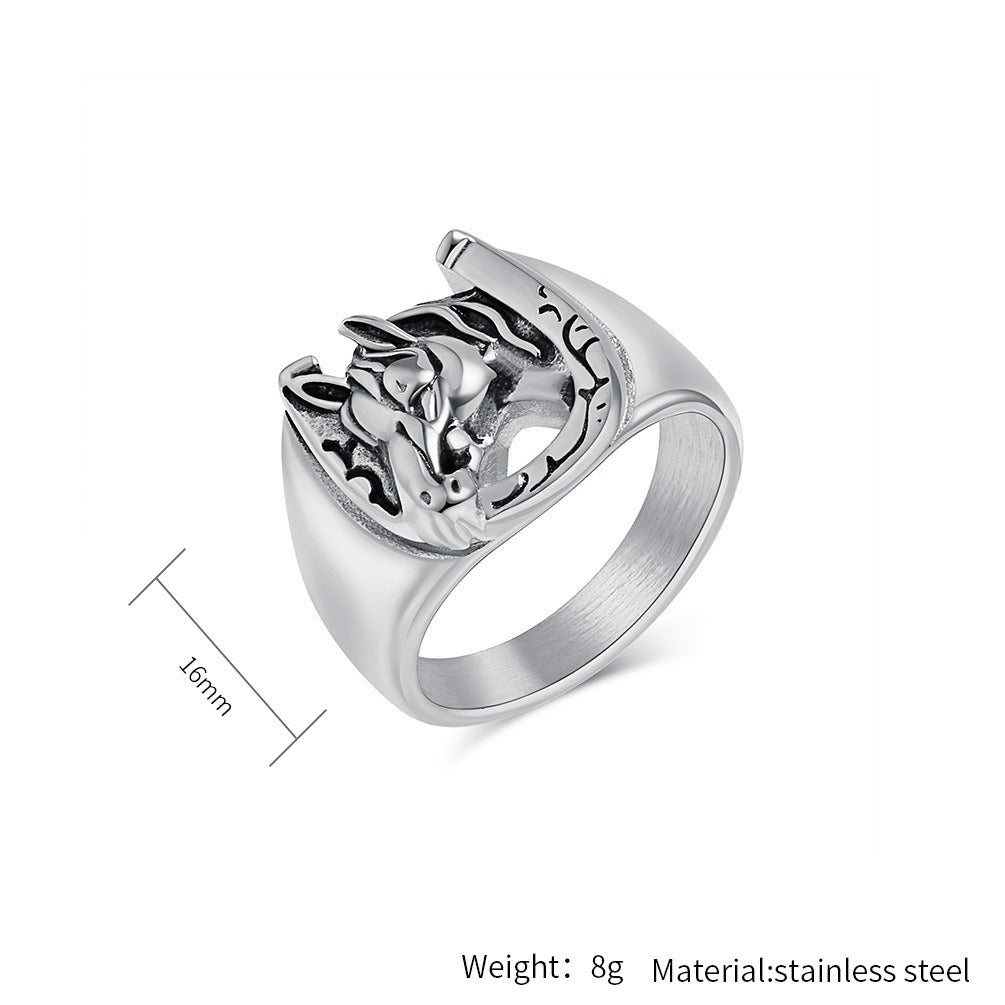 Kemstone Stainless Steel Horse Head Ring – Vintage Horseshoe Signet for Men K-R987