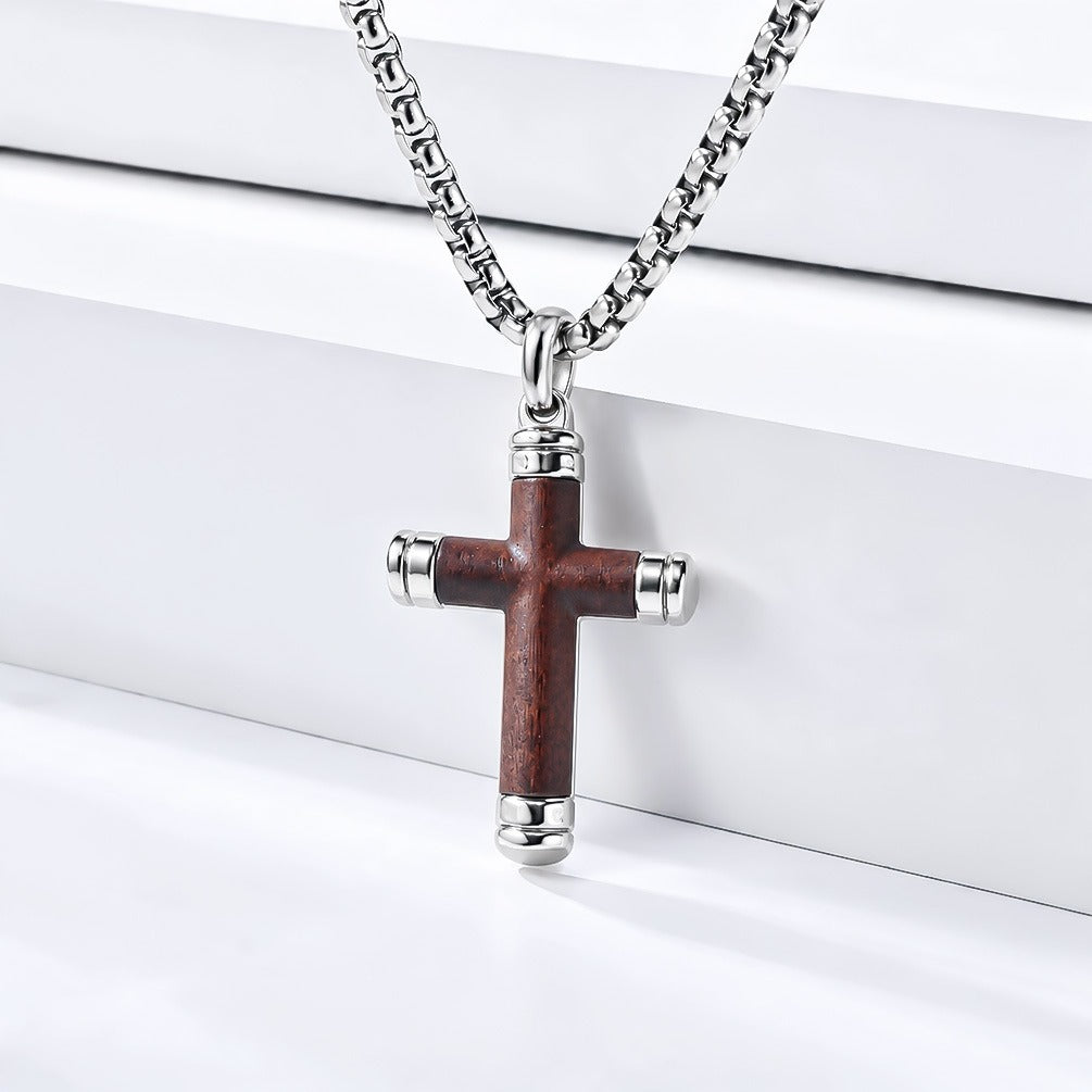 Kemstone Wood Inlay Cross Necklace for Men Stainless Steel Pendant K-PT737