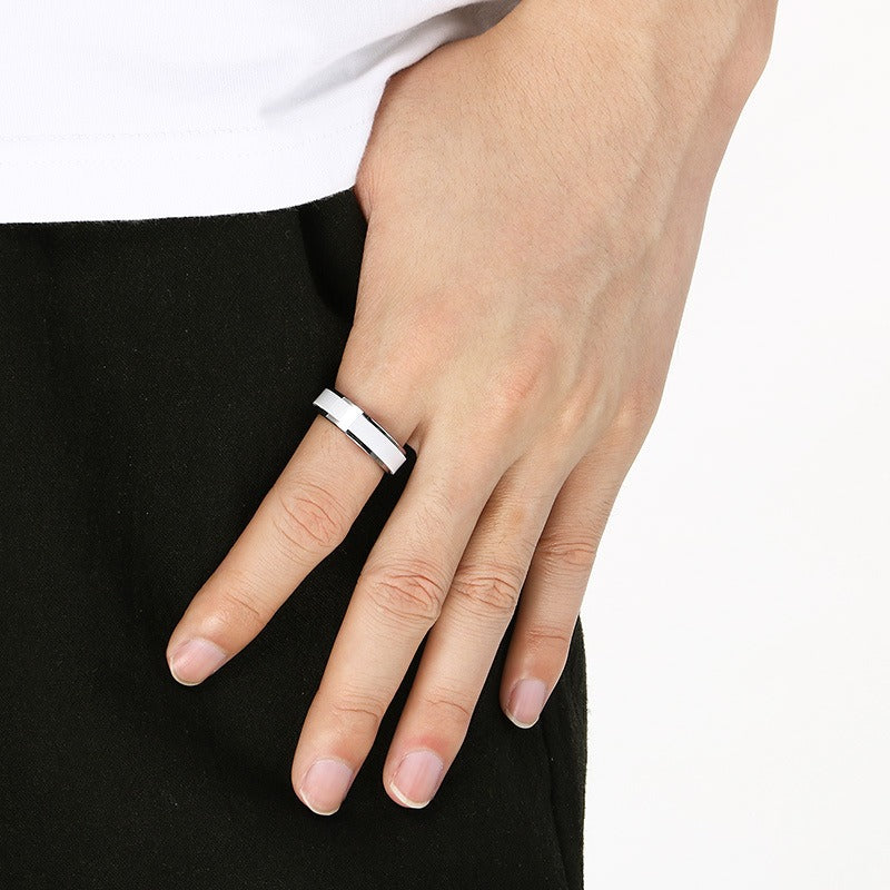 Kemstone Tungsten Steel Ring for Men & Women – Ceramic Inlay / Faceted Black Enamel Band 6mm 7mm KR114248-TS