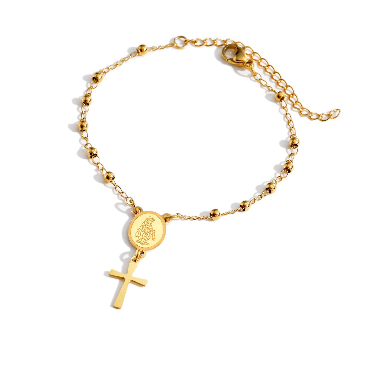 Elegante pulsera de cadena de cuentas de rosario de acero inoxidable con dije de cruz de la Virgen - Joyería espiritual hipoalergénica en tono dorado para mujer BR-2234