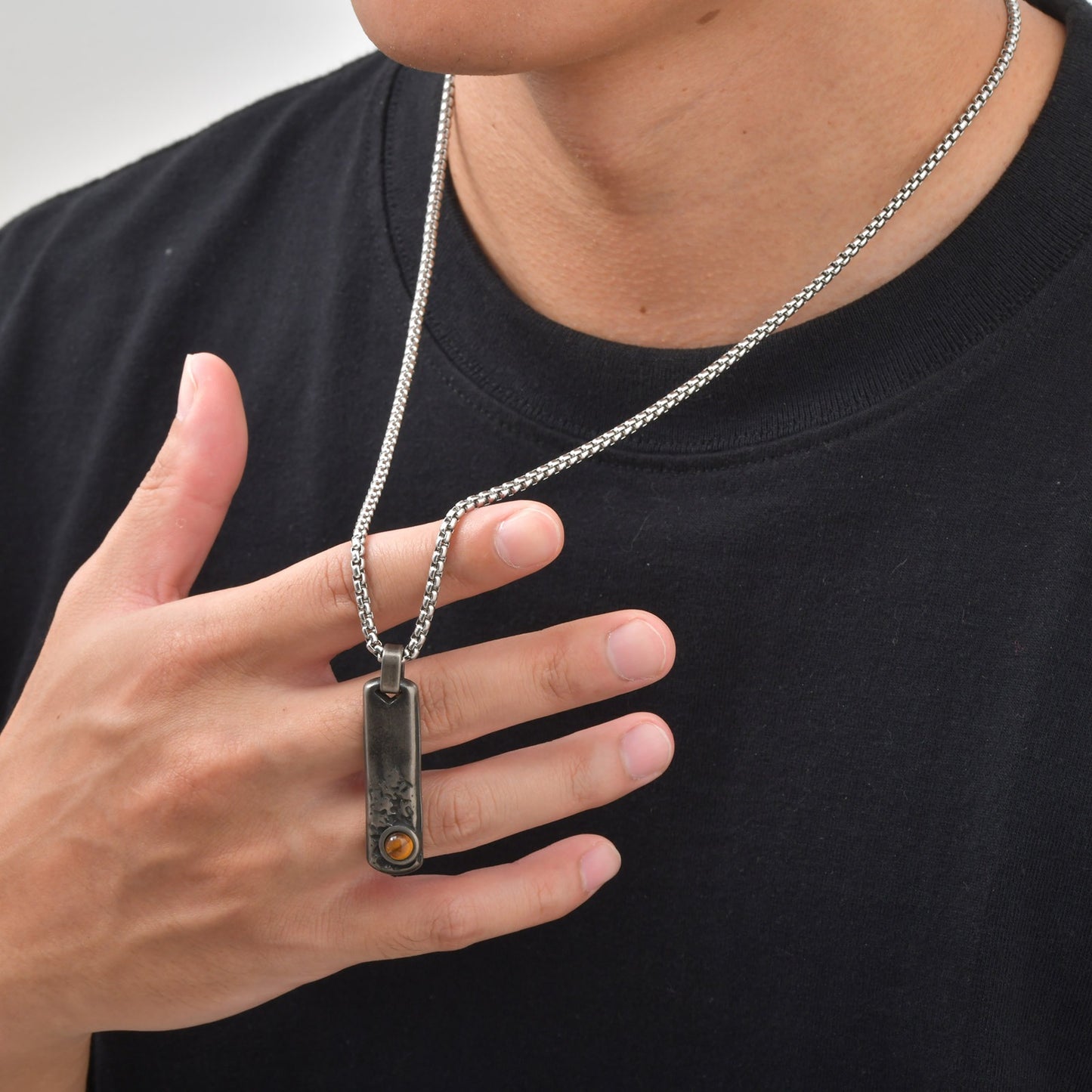 Kemstone Rectangular Tiger Eye Pendant Necklace for Men Stainless Steel Vintage Detail PN2384