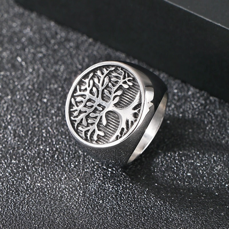 Kemstone Men’s Titanium Steel Tree of Life Ring – Vintage Signet Band K-R112702