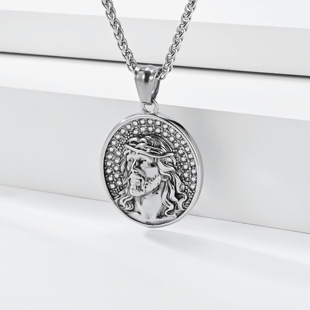 Kemston Stainless Steel Oval Portrait Pendant Necklace for Men Vintage Thorn Detail K-PT730