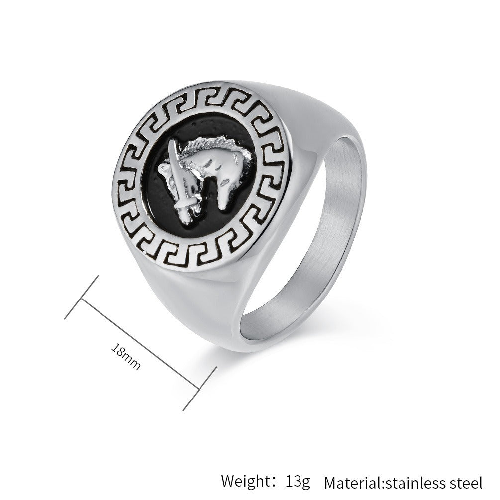 Kemstone Stainless Steel Horse Head Signet Ring – Vintage Relief Style for Men K-R956