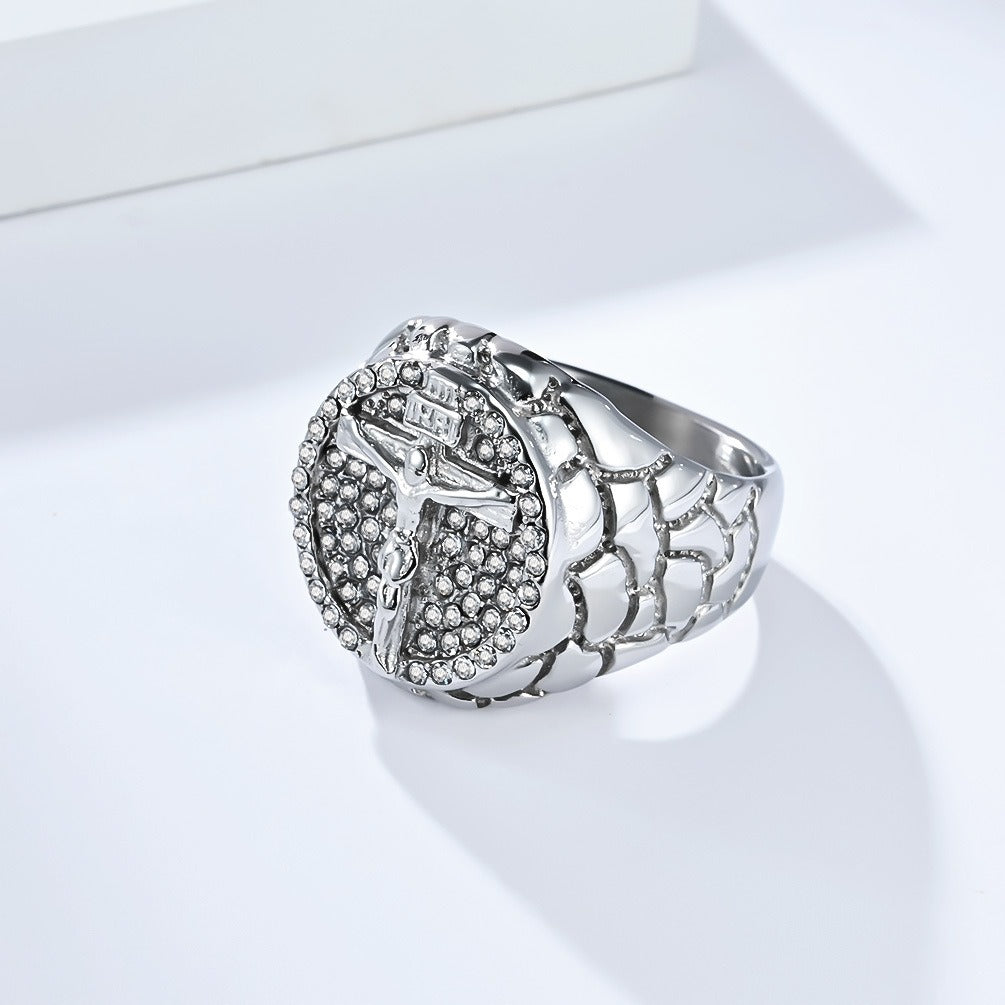 Kemstone Cross Signet Ring for Men Stainless Steel Cubic Zirconia Iced Out Gold Silver K-R1012