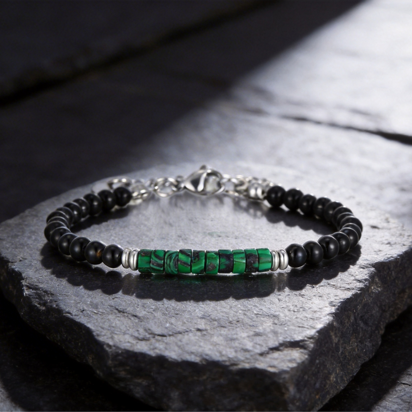 Kemstone Stone Beaded Bracelet Green Bead Adjustable Chain for Men Women BR-2925