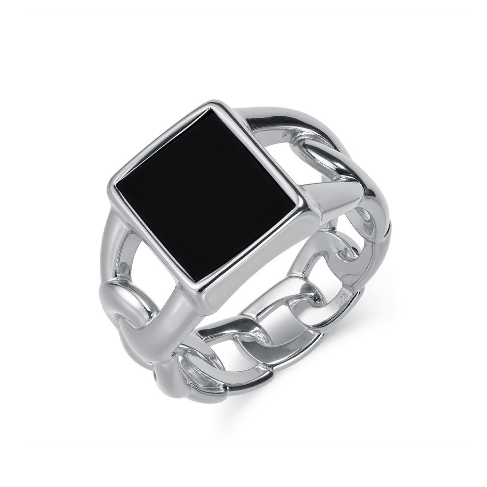 Kemstone Men’s Titanium Steel Cuban Chain Ring – Tiger Eye & Black Stone Jewelry K-R998