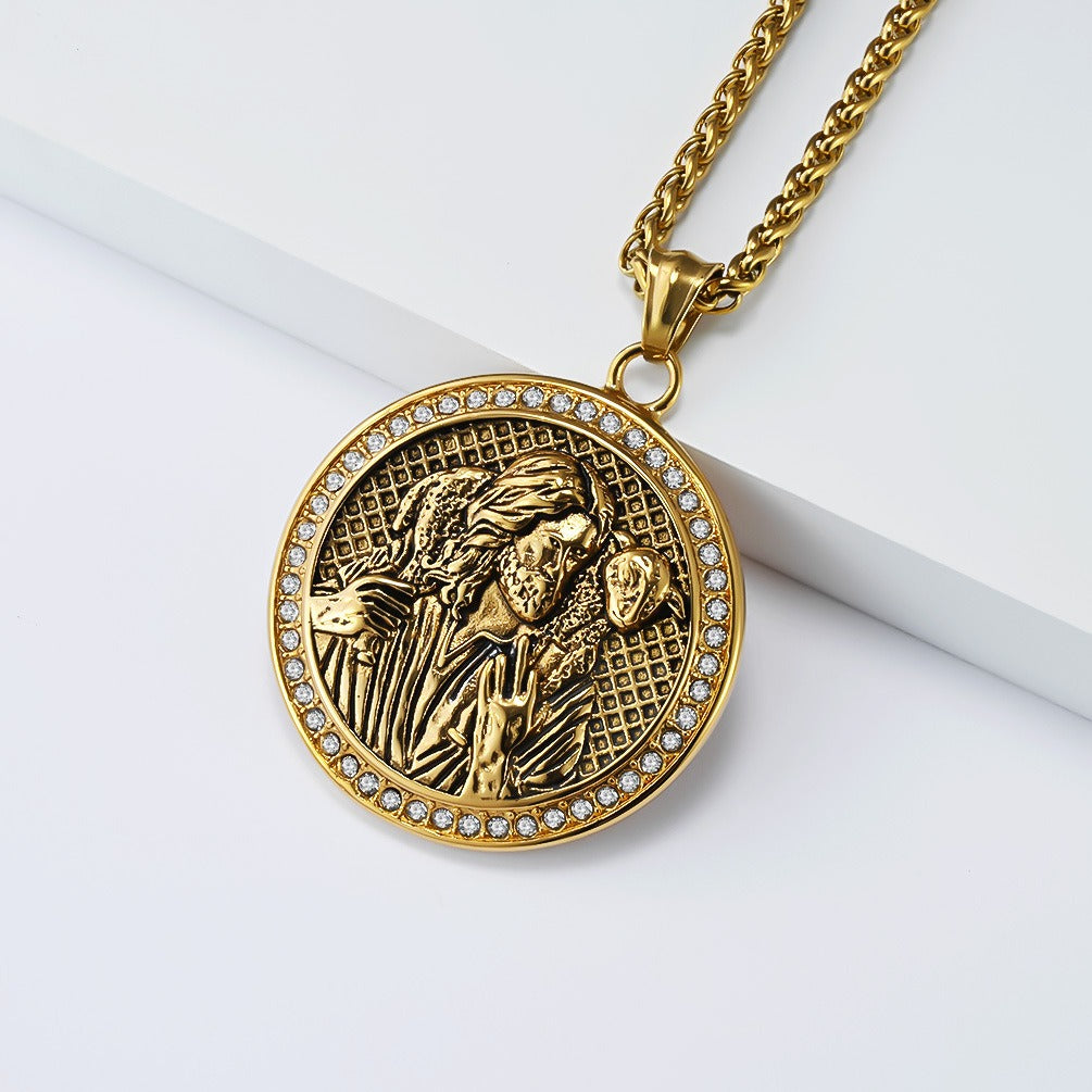 Kemstone Stainless Steel Guardian Figure Relief Pendant Necklace – Vintage Medallion Style K-PT688