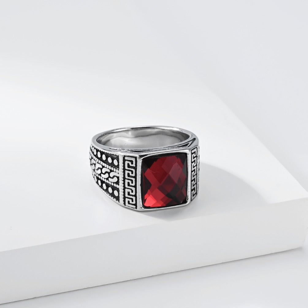 Kemston Stainless Steel Engraved Square Stone Signet Ring for Men R7007