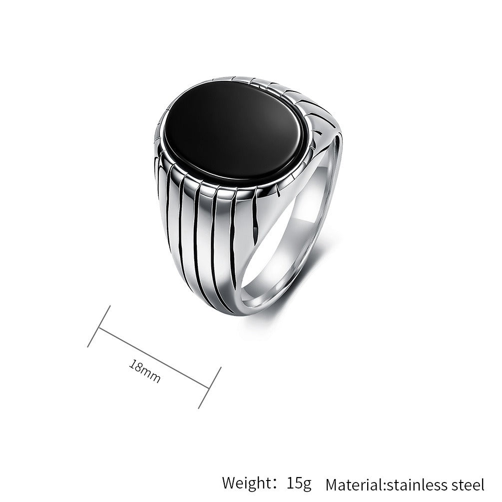 Kemstone Stainless Steel Black Stone Signet Ring for Men – Modern Masculine Oval Band K-R1175