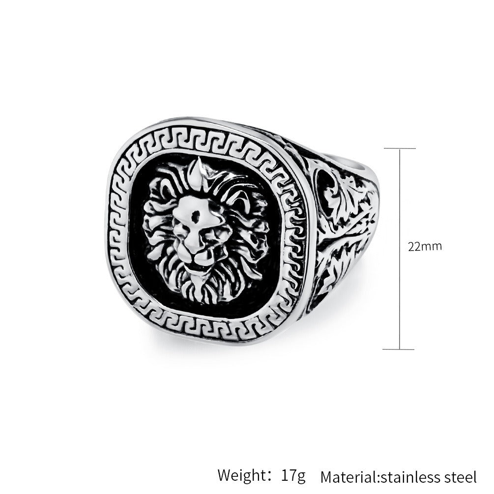 Kemstone Vintage Lion Head Signet Ring – Stainless Steel Greek Key for Men KR867