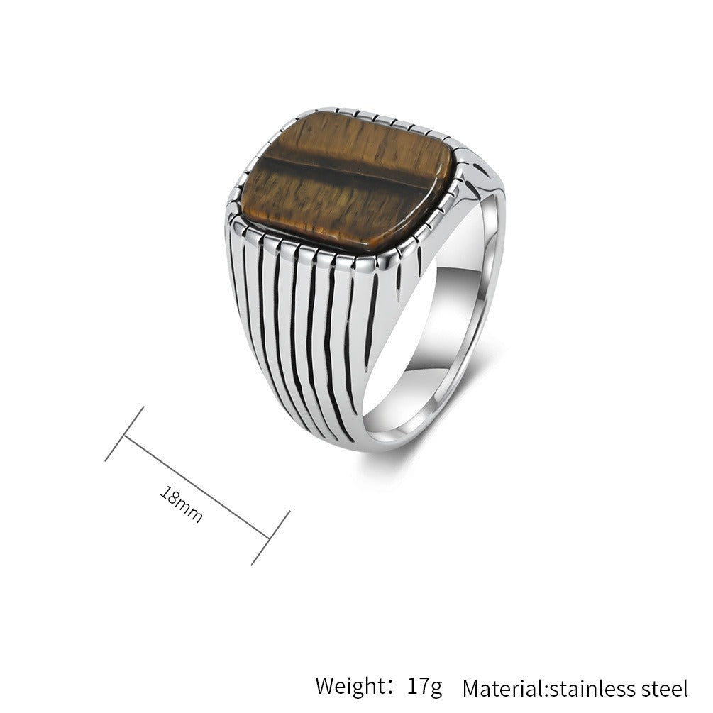 Kemstone Stainless Steel Tiger Eye & Turquoise Signet Ring for Men Square Stone K-R1174