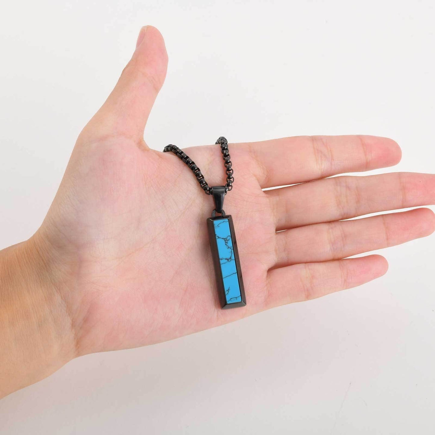 Kemstone Stainless Steel Geometric Bar Pendant Necklace for Men with Onyx or Turquoise PN-2221