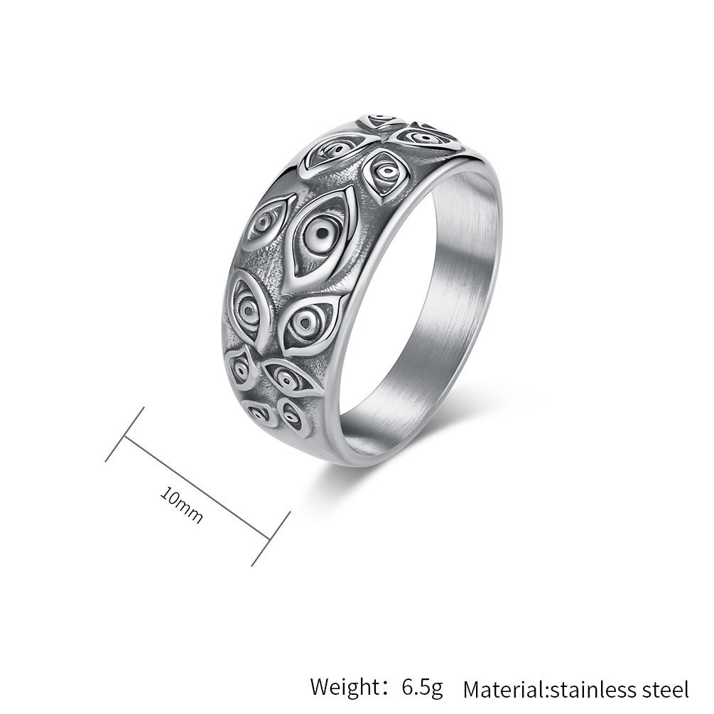 Kemstone Titanium Steel Evil Eye Ring for Men – 10mm Gothic Demon Band Jewelry, Silver/Gold/Black K-R1082