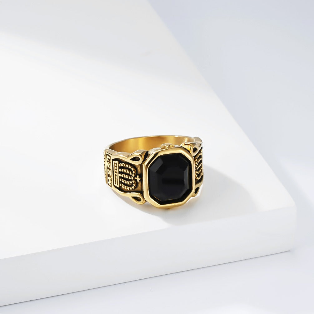 Kemstone Black Stone Signet Ring for Men Stainless Steel Crown Detail Vintage Silver Gold K-R1144