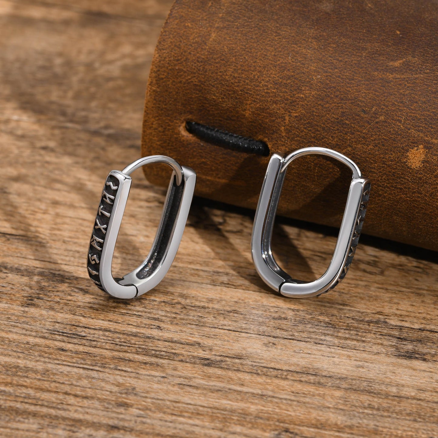 Viking Rune Stainless Steel Hoop Earrings – Nordic U-Shaped Retro Men’s Jewelry EH-521