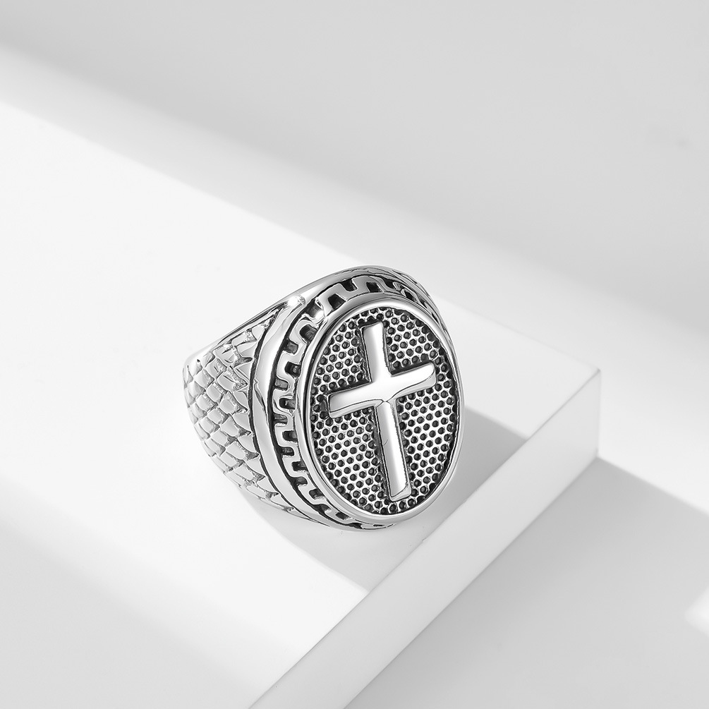 Kemstone Stainless Steel Cross Signet Ring – Engraved Vintage Surface K-R650