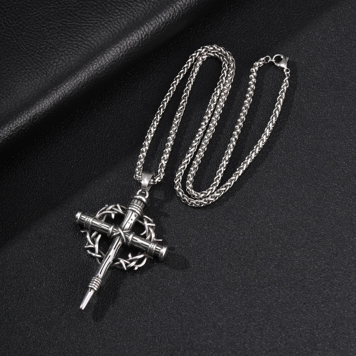 Kemston Thorn-Wrapped Gothic Cross Necklace for Men Stainless Steel Vintage Silver PN-2463S