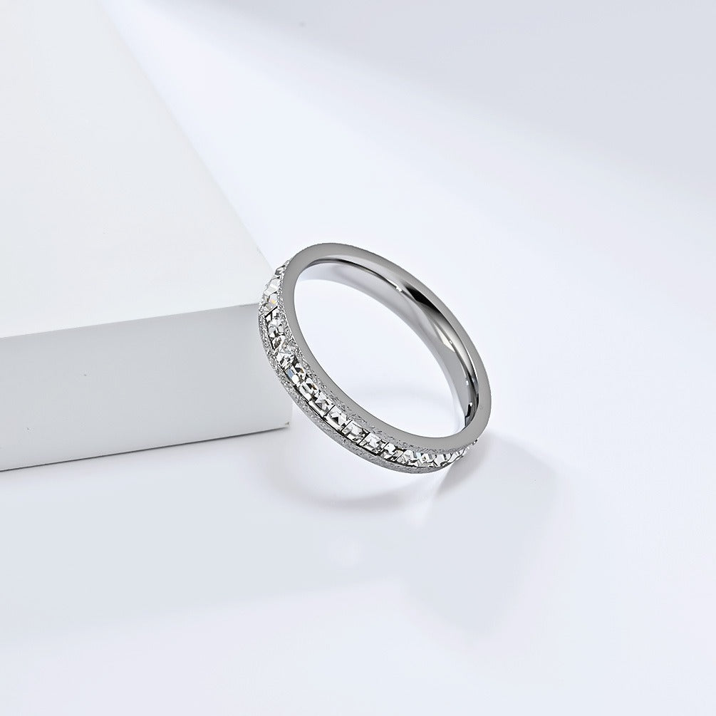 Chic Square Diamond & Pearl Sand Titanium Ring - Minimalist Full-Pave Design, Genderless Statement Piece for Fashion-Forward Women K-R947