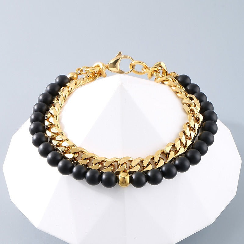 Kemstone Dual-Layer Onyx & Cuban Chain Bracelet – Stainless Steel Power Symbol KB185323-Z
