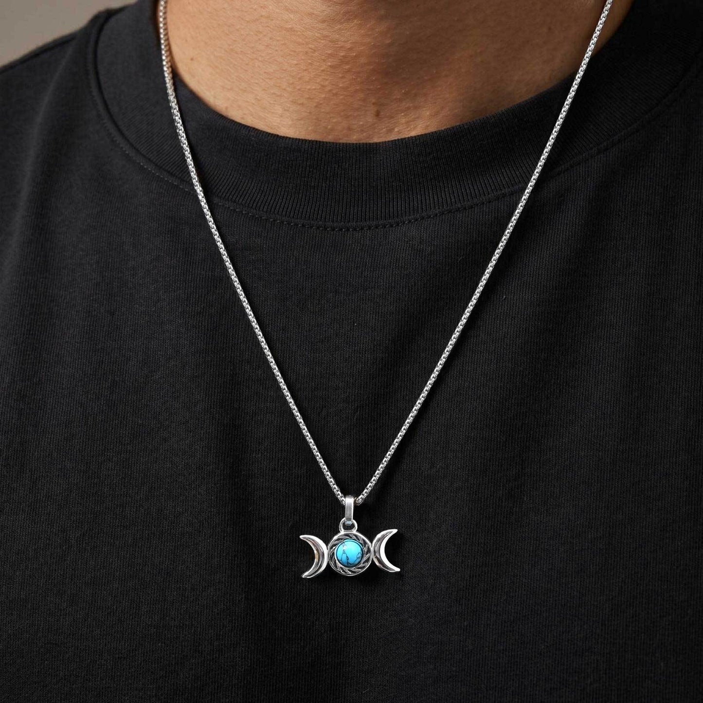 Kemston Stainless Steel Moon Pendant Necklace for Men Double Crescent Blue Stone Detail PN-2360