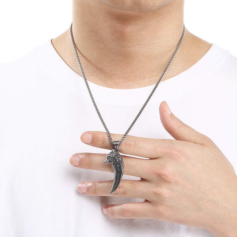 Kemstone Wolf Tooth Pendant Necklace Titanium Steel Eagle Claw Design for Men Silver 60cm KP117057-LU