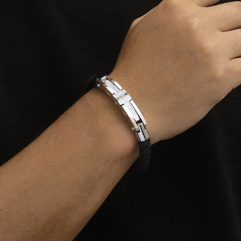 Kemston T-Bar Braided Leather Bracelet for Men Titanium Steel Stone Accent Gold Silver KB163596-KFC
