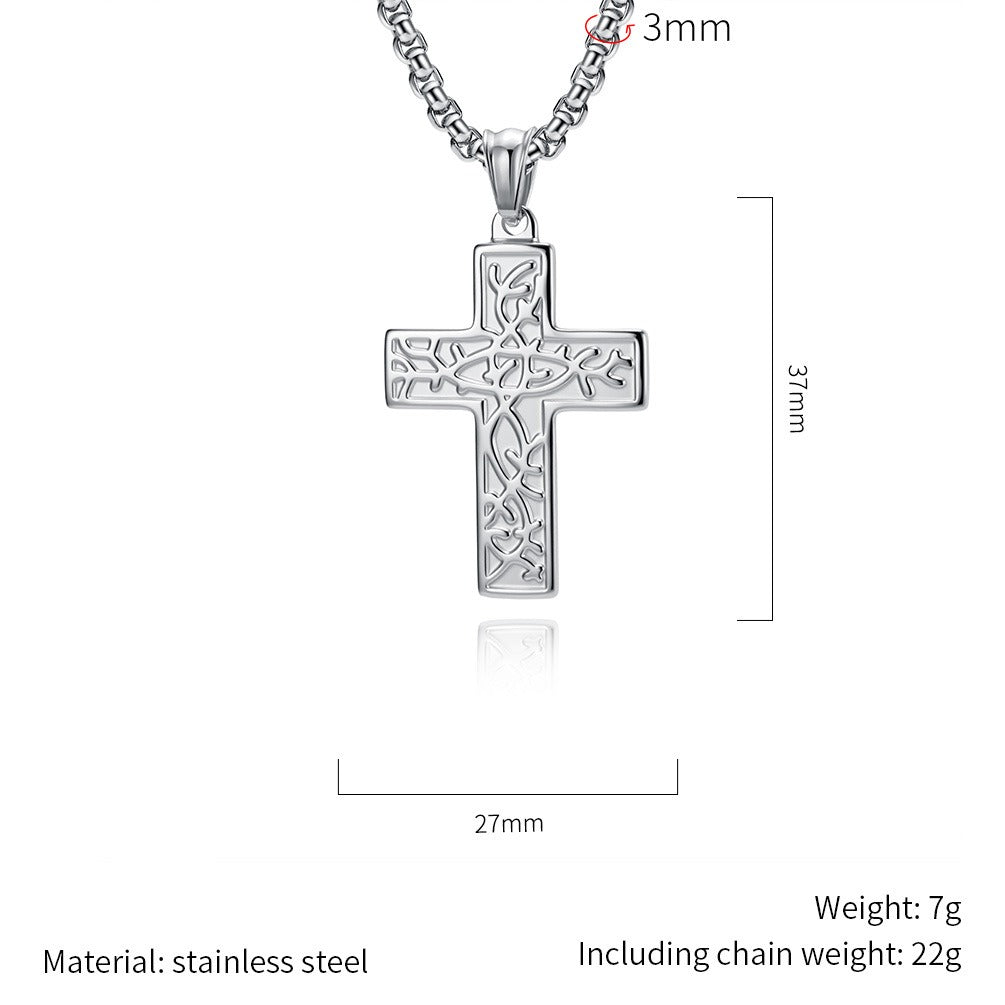 Kemstone Stainless Steel Cross Pendant Necklace for Men Vintage Engraved Tree of Life Lightweight K-PT725