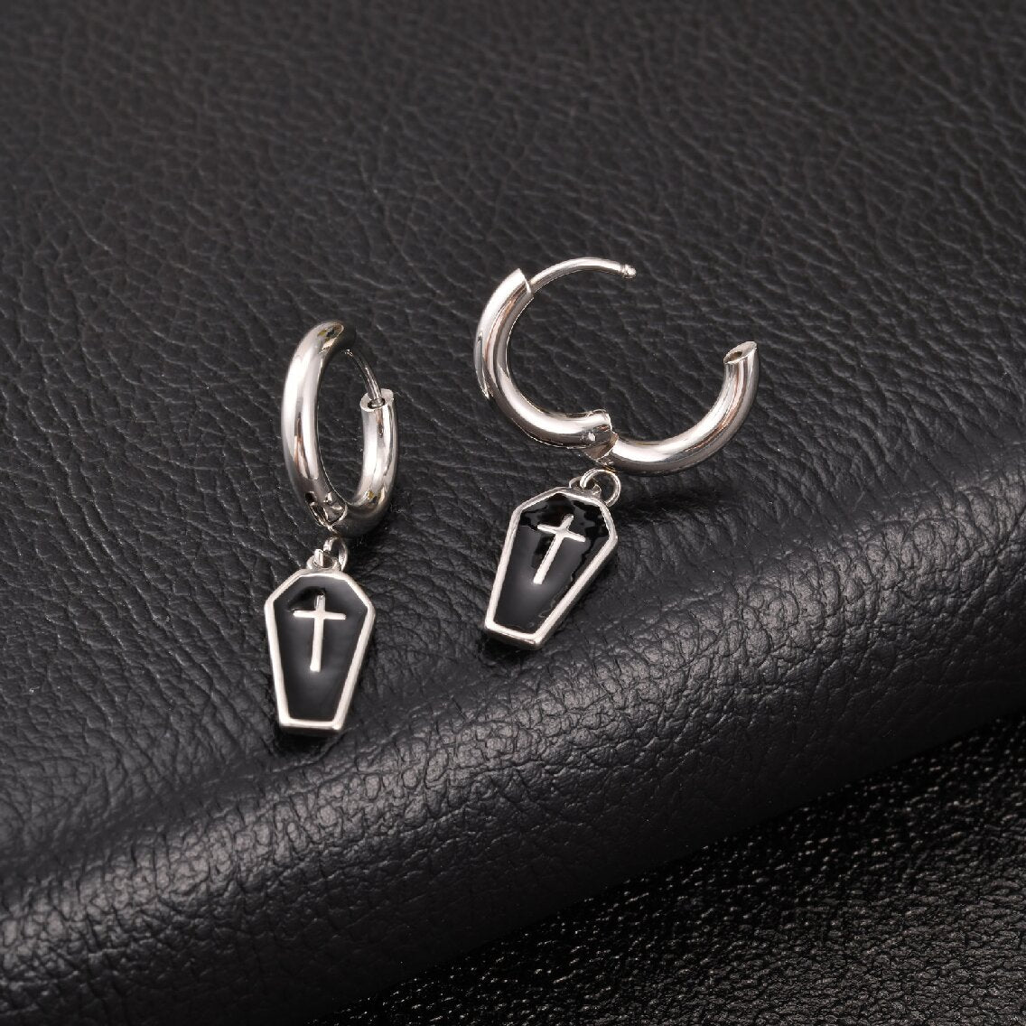 Kemstone Stainless Steel Cross Hoop Earring for Men Dark Drop ED-1090