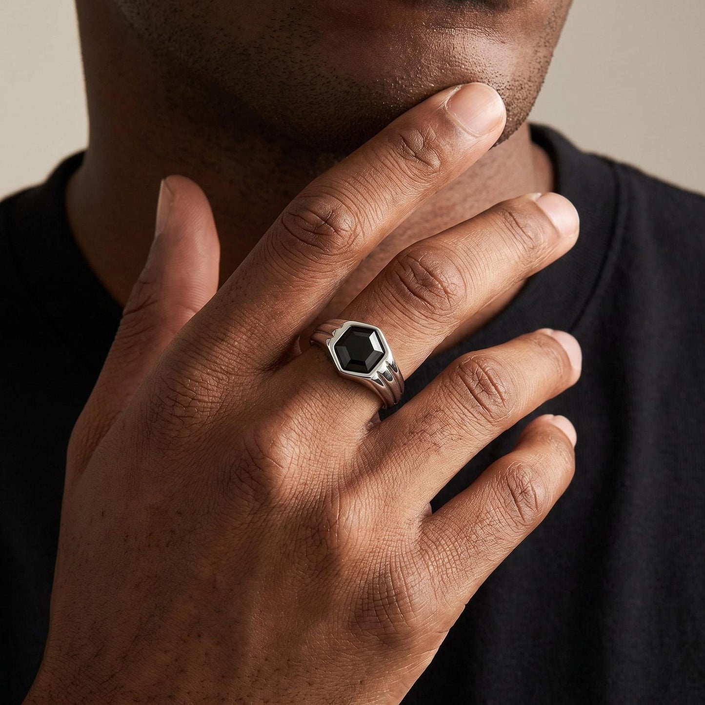 Kemstone Stainless Steel Hexagon Black Zircon Ring for Men RC-985