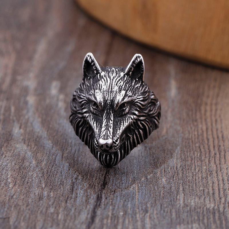Kemstone Vintage Viking Wolf Head Titanium Steel Ring & Double Wolf Head Chain Bracelet Set - Punk Celtic Knot Adventure Jewelry for Men 	KR48275