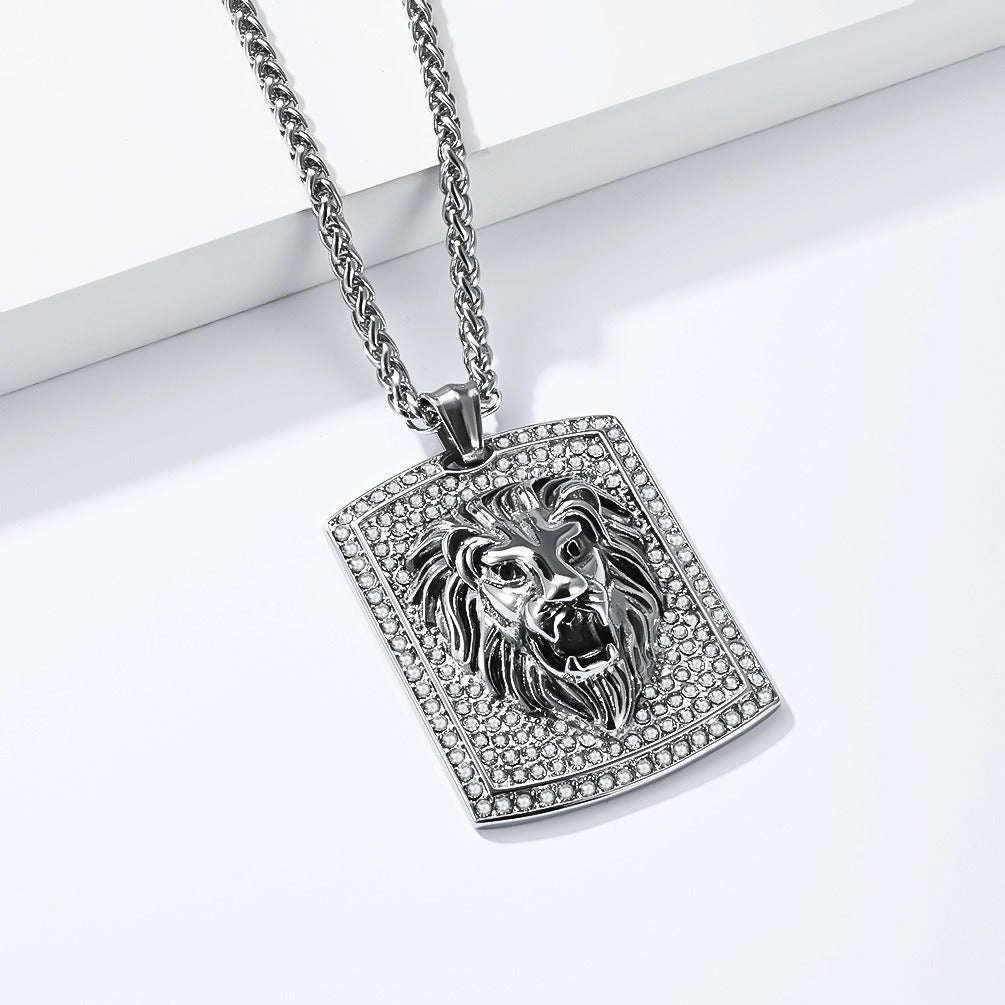 Kemstone Stainless Steel Lion Head Pendant Necklace for Men Iced Rhinestone Tag K-PT718