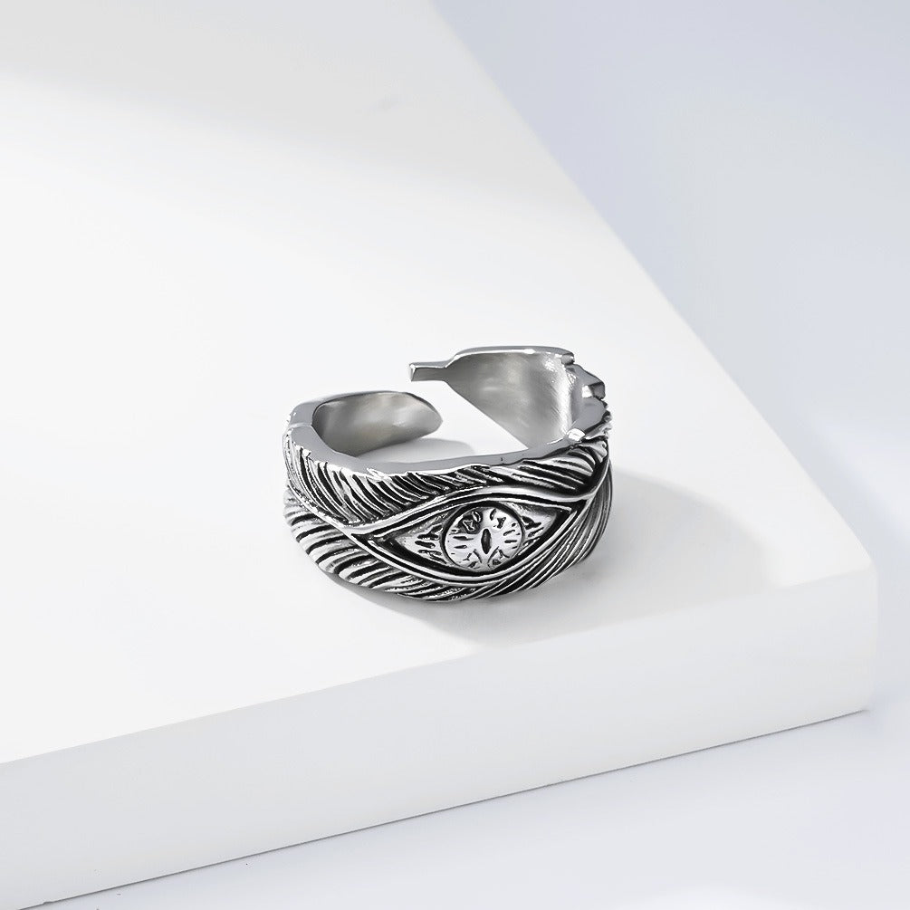 Kemstone Feather Ring for Men Titanium Steel Adjustable Open Band KR1155