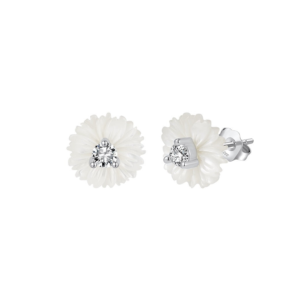 Kemstone Shell Flower Stud Earrings for Women – 925 Sterling Silver with Cubic Zirconia PSE10