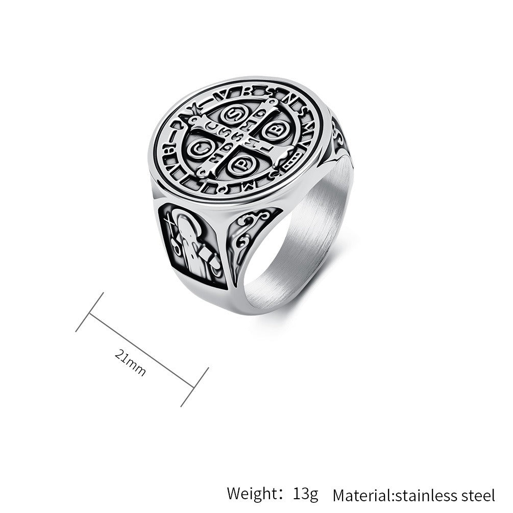 Kemstone Stainless Steel Cross Medallion Ring for Men Vintage Engraved Coin Signet Seal Symbol Silver Gold Black K-R1143