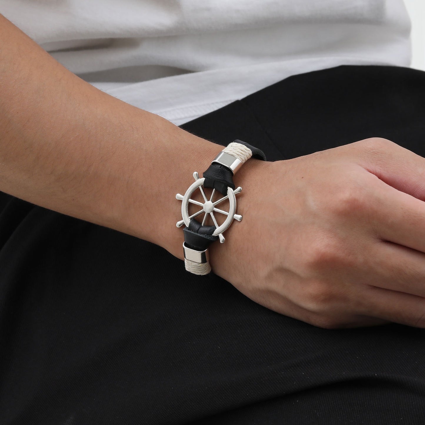 Kemstone Zinc Alloy Ship's Wheel Handwoven Bracelet - Bold Black Men's Urban Edge Accessory BL289